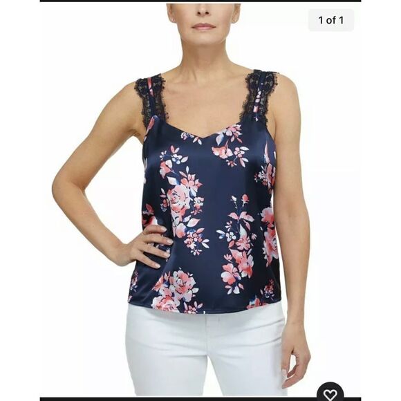 Laundry by Shelli Segal Floral-Print Lace-Trim Sleeveless Top Blue XL - Picture 1 of 6